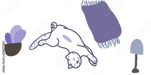 Foto Cute vector set with a sleeping cat, plant, blanket, and lamp in pastel purple a