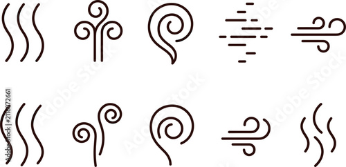 Minimalist Aroma and Wind Line Icon Set Representing Steam, Smoke, Scent, Fresh Air, and Fragrance for Coffee, Food, or Cosmetic Packaging Designs