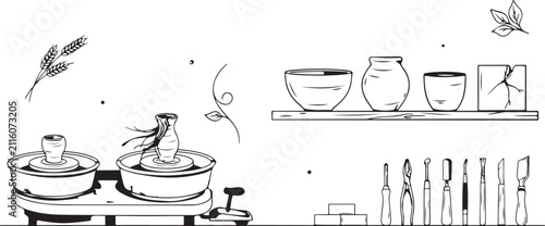 Pottery studio equipment and ceramics on white background