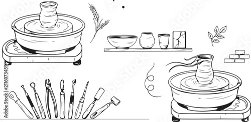 Pottery studio tools and wheels on a white background clay