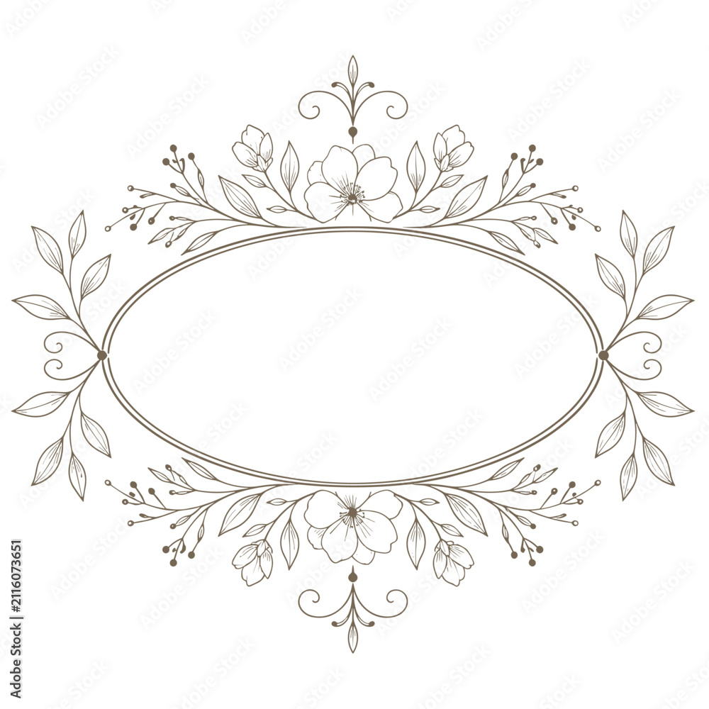 Obraz premium Elegant oval floral frame with hand drawn flowers for wedding invitations