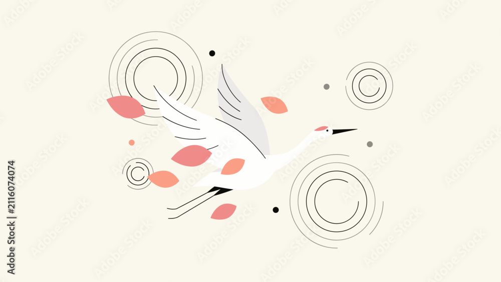 Obraz premium Crane flying with lotus petals – Suitable for zen wellness themes, yoga branding, or spa wall art.