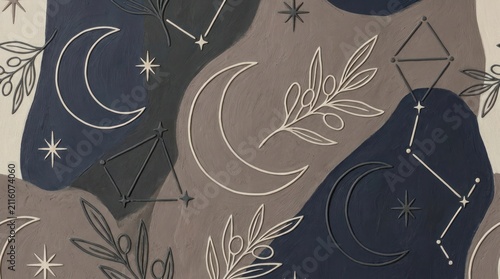 Textured Celestial Boho Pattern with Moons, Stars, and Botanical Elements