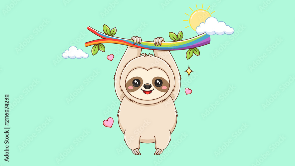 Obraz premium Cute sloth hanging on rainbow – Great for children's wall art, cheerful stationery, or baby clothing.