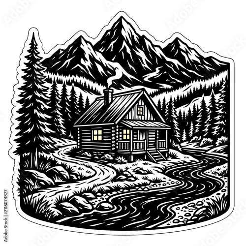 Vintage mountain cabin woodcut with river and pines in monochrome landscape style