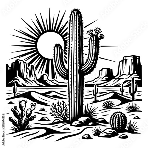 Stylized Black and White Illustration of a Saguaro Cactus in a Desert Landscape with Sun and Mesas
