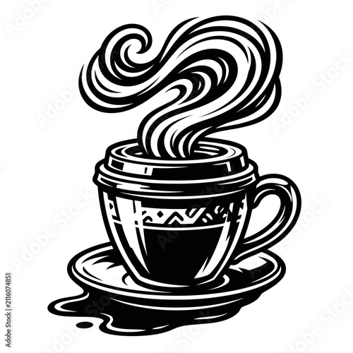 Steaming Hot Coffee Cup with Swirling Aroma in a Black and White Illustration, Perfect for Cafes and Coffee Lovers
