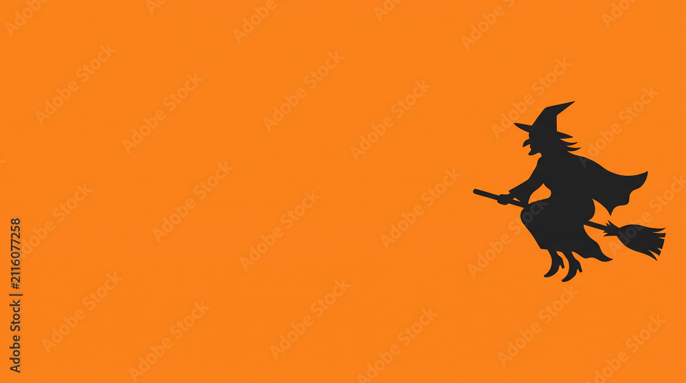 Fototapeta premium Minimalist flat vector style halloween background with witch on broomstick right edge, empty copy space template for twitter/x header
