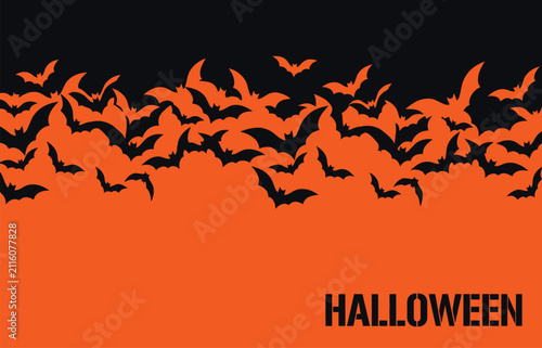 A festive halloween background featuring a swarm of flying bats against a vibrant orange and black gradient backdrop perfect for seasonal holiday greeting card designs