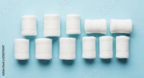 Ten Rolled White Cotton Bandages on a Light Blue Background, Top View, Minimalist Healthcare Concept