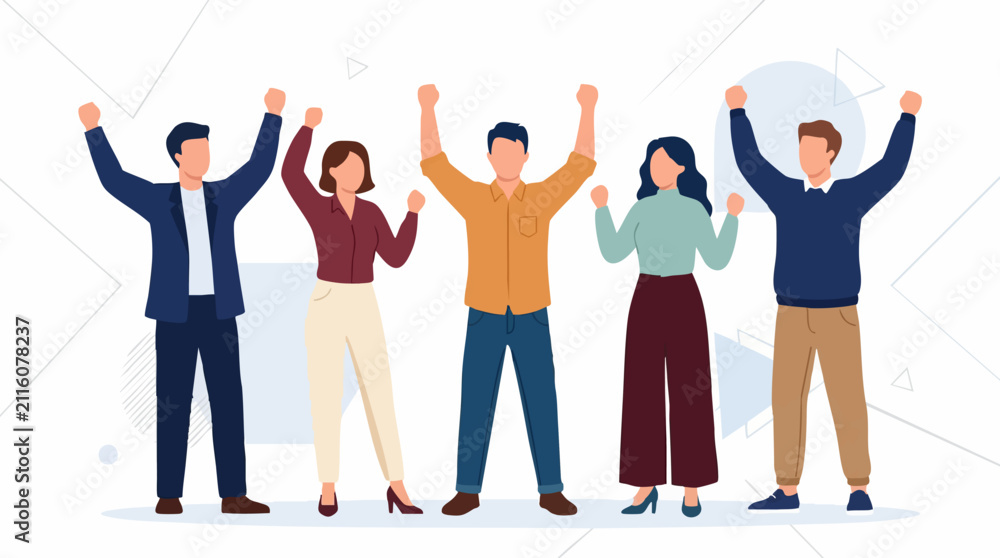 Fototapeta premium Diverse Team Celebrating Success and Achievement with Raised Arms, Vector Art