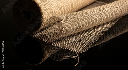 Textured Burlap Fabric Rolls on Dark Reflective Surface, Natural Material Close-up Detail