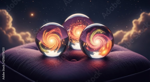Three Crystal Balls Reflecting Swirling Galaxies and Nebulae on a Dark, Starry Night Background