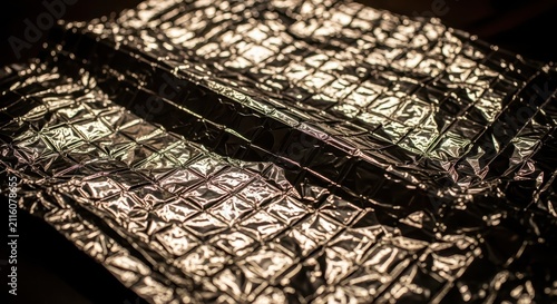 Textured metallic foil material with quilted pattern catching light, close-up studio shot