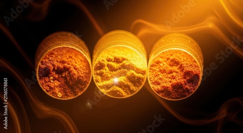 Three small glass containers filled with vibrant orange and yellow spices, illuminated by warm light.