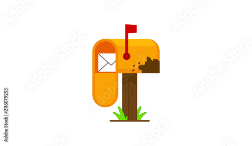 Fotografie Yellow Vintage Mailbox with Letter and Red Flag Flat Vector Illustration Isolate