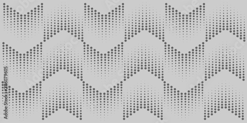 Creative grey halftone dot pattern background featuring abstract geometric arrow waves