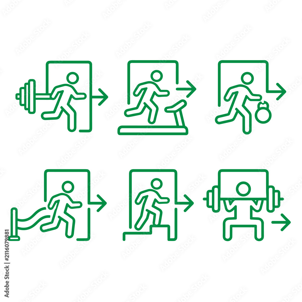 Fototapeta premium Green vector icon set of people exercising and running through emergency exit