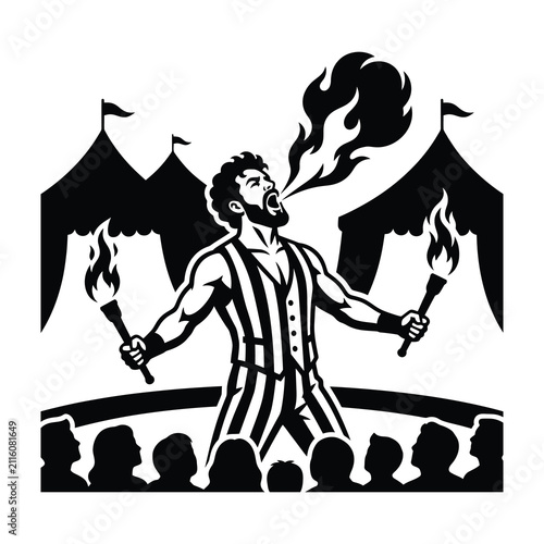 Принти на полотні Fire breather performing at circus with torches and crowd