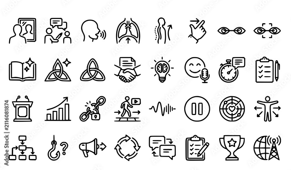Fototapeta premium Public speaking skills and training outline icons | Communication confidence rhetoric storytelling speech coaching editable stroke collection on white