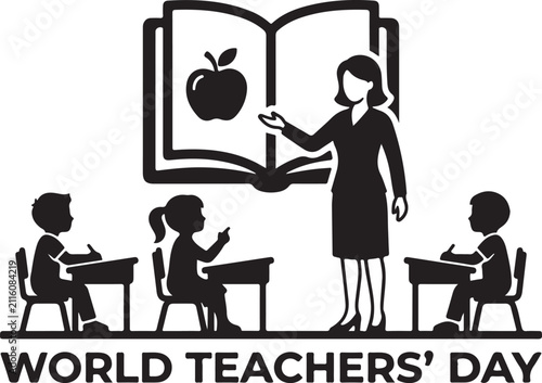 World Teachers Day silhouette illustration featuring a female educator teaching students in a classroom setting vector graphic