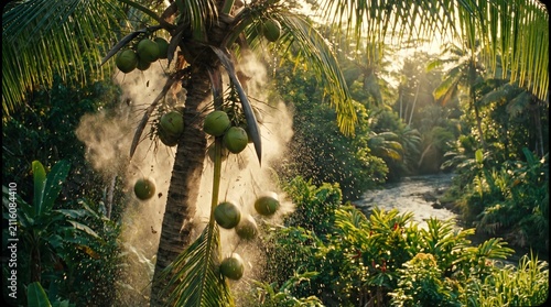 Cinematic shot of green coconuts falling from a palm tree with dust and water splashes in a tropical forest