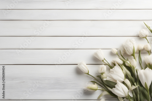 Top view of white flowers on white wooden background, space for text 