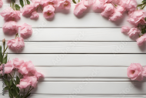 pink flowers on white wooden background, space for text 