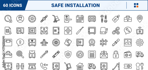 Safe installation line icon set. Vector pictograms of services, tools, security, and equipment elements, thin linear illustration.