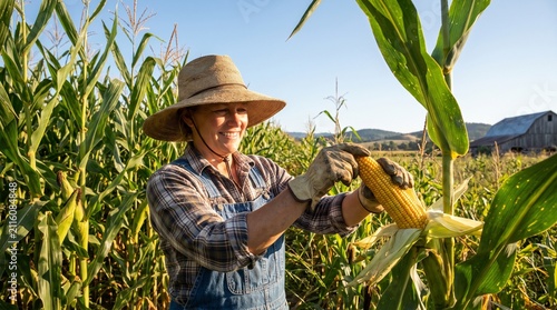 Happy female farmer wearing gloves and a straw hat harvesting corn with a barn in the background