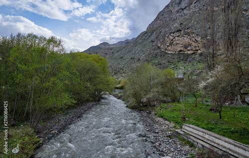 Russia. North Ossetia. Fiagdon Gorge. Dzivgis Fortress. Fiagdon River