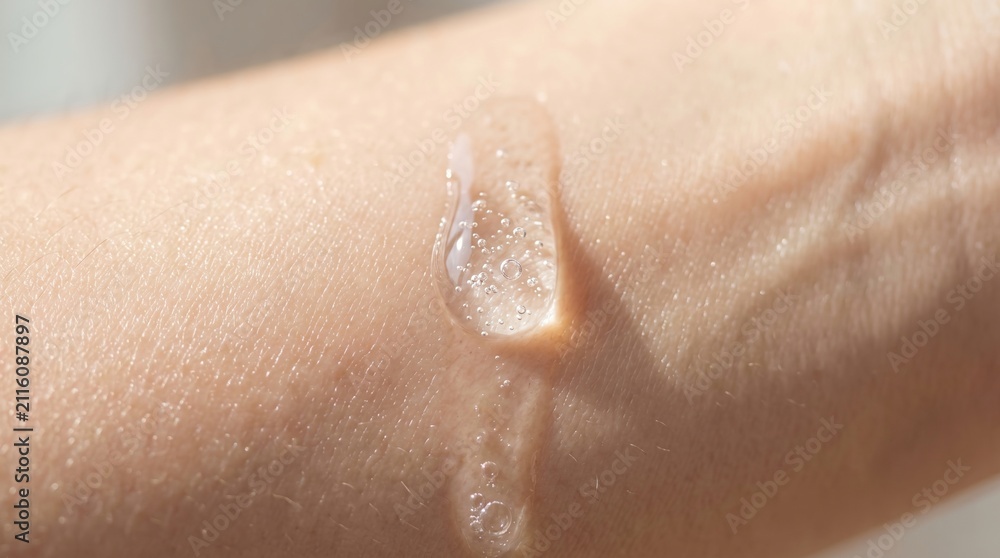 Fototapeta premium Liquid transparent gel drop with air bubbles dripping on smooth female arm skin