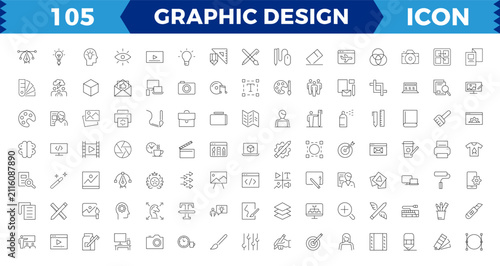 Pixel Perfect Set of thin line icons of graphic design. Simple linear icons in a modern style flat, Creative Process. Graphic design, creative package, stationary, software and Editable stroke