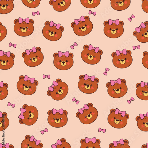 cute seamless pattern hand drawn cartoon bear wearing pink ribbon on its head in pink background