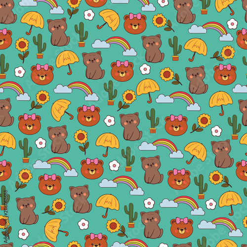 cute seamless pattern hand drawn cartoon bear and cat with plant and sky element
