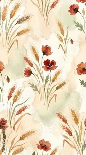 Watercolor autumn seamless pattern with red poppies golden wheat spikelets for baby nursery textile wallpaper print wrapping paper decor. Hand drawn botanical seamless background featuring red poppy 