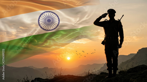 Powerful India Independence Day illustration featuring a brave soldier saluting before the Indian national flag at a glowing sunset, symbolizing honor, sacrifice, courage, freedom and national pride