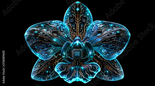 Cyber orchid futuristic digital flower with glowing blue circuit petal and black background