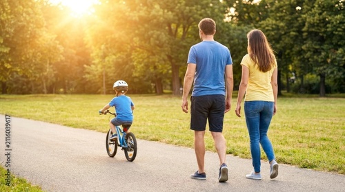 Happy Family with Young Son Riding Bicycle in Sunny Park at Sunset
