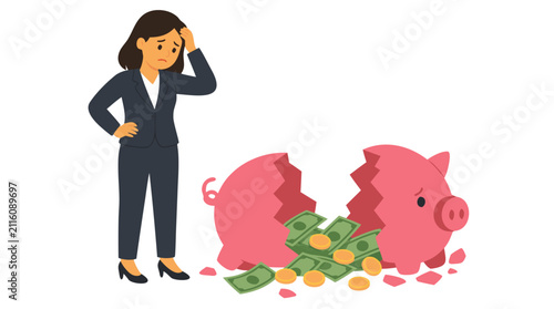 Sad businesswoman standing beside a shattered pink piggy bank with scattered banknotes and coins, flat vector illustration depicting financial loss, broken savings, debt, worry, and economic hardship