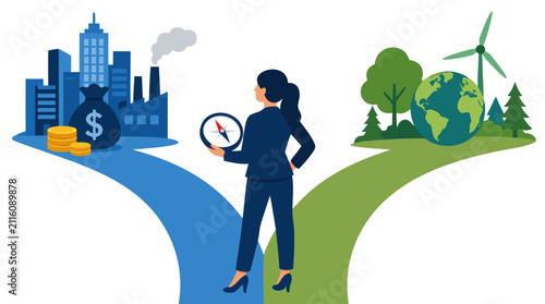 Businesswoman holding compass at a forked path between industrial economy and green ecology, symbolizing sustainable leadership, environmental responsibility, strategic choice, and future prosperity