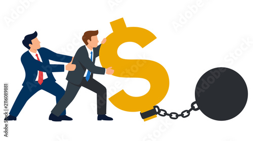 Two businessmen struggling to pull a giant golden dollar symbol chained to a heavy black ball, vivid flat vector illustration symbolizing debt, financial burden, money pressure, and economic hardship