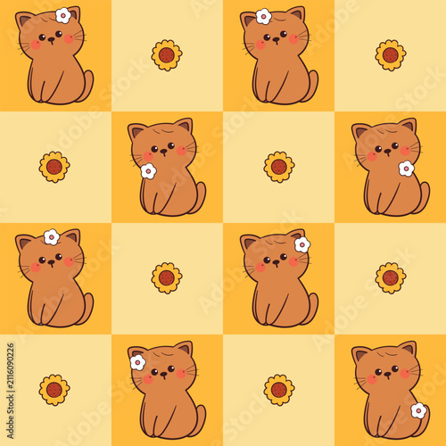 cute hand drawn cartoon cat with flower in yellow patchwork style pattern