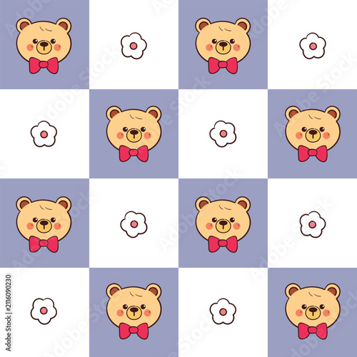 cute hand drawn cartoon bear wearing bow tie with flower in patchwork style pattern