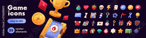 Game interface icons set. GUI gift, star, bomb, key, coin, crown, skull and crystal. Symbols of shield, gem, clock and envelope. UI design elements kit, pack. Isolated flat vector illustrations