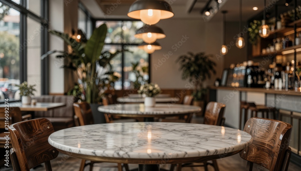 Obraz premium Modern Cafe Interior with Marble Tables and Pendant Lighting