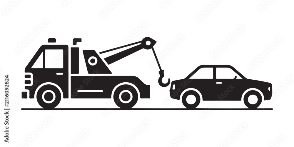 Naklejka premium Tow truck hooking up and pulling broken down car on transparent checkered background.