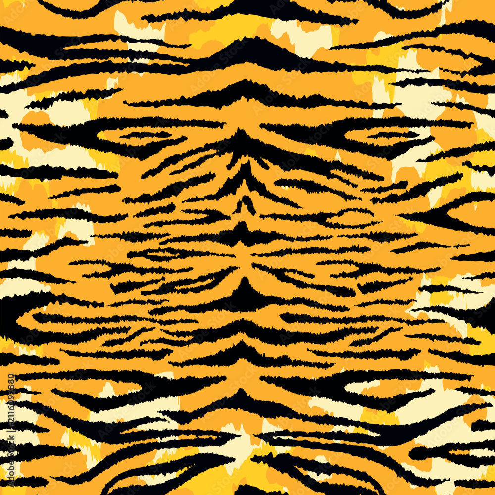 Obraz premium Tiger leather seamless pattern. Vector wild animal skin detailed flat texture, black stripes fur print on orange white background. Abstract jungle safari texture for fabric, decor, fashion, textile.