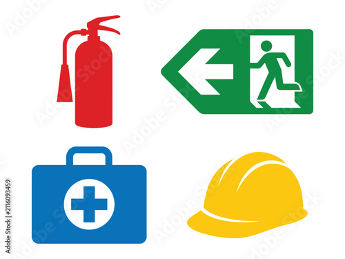 Safety Emergency Fire Extinguisher Exit First Aid Helmet Icon Set medical icon set for healthcare design projects