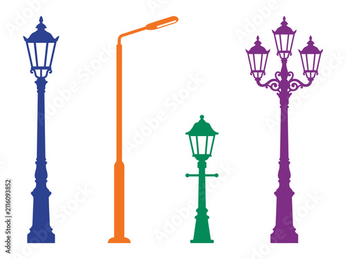 Vintage Street Lamp Post Silhouette Icon Set vintage style icon set for retro design projects